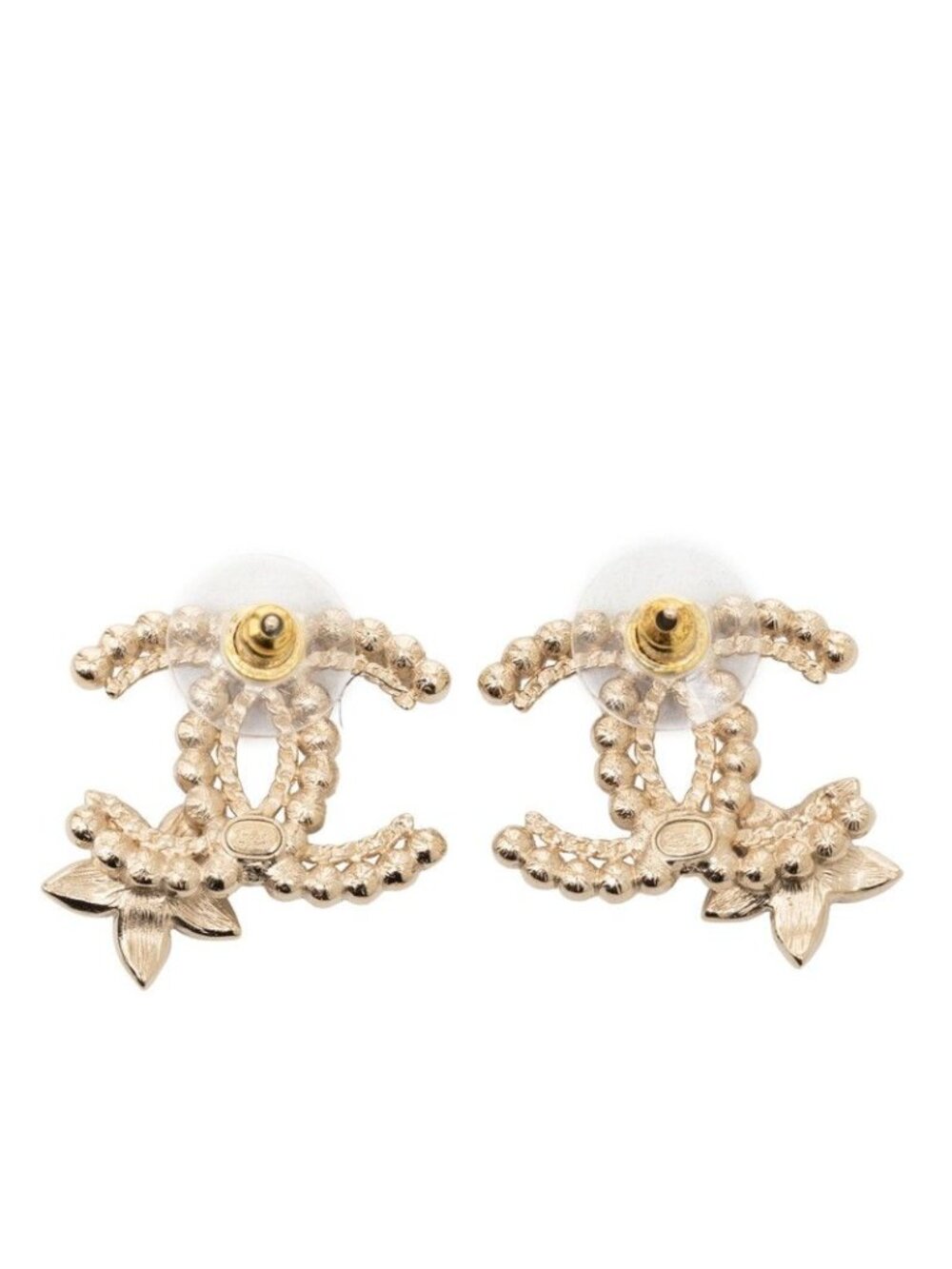 Chanel CC Logo Flower Stud Earrings Gold Black Faux Pearl Rhinestone Plated - Picture 2 of 4